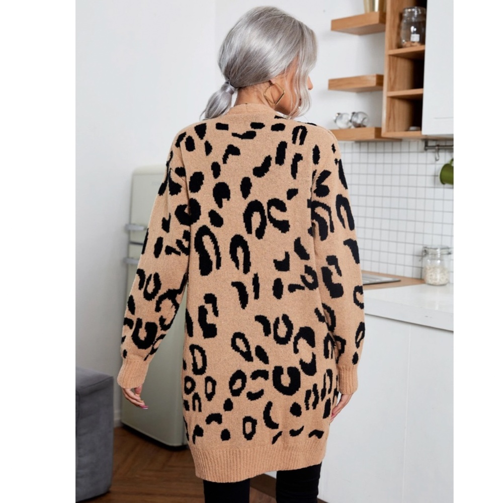 Cheetah Print Camel Tan Open Cardigan Thigh Length Long Sleeve - Picture 2 of 7